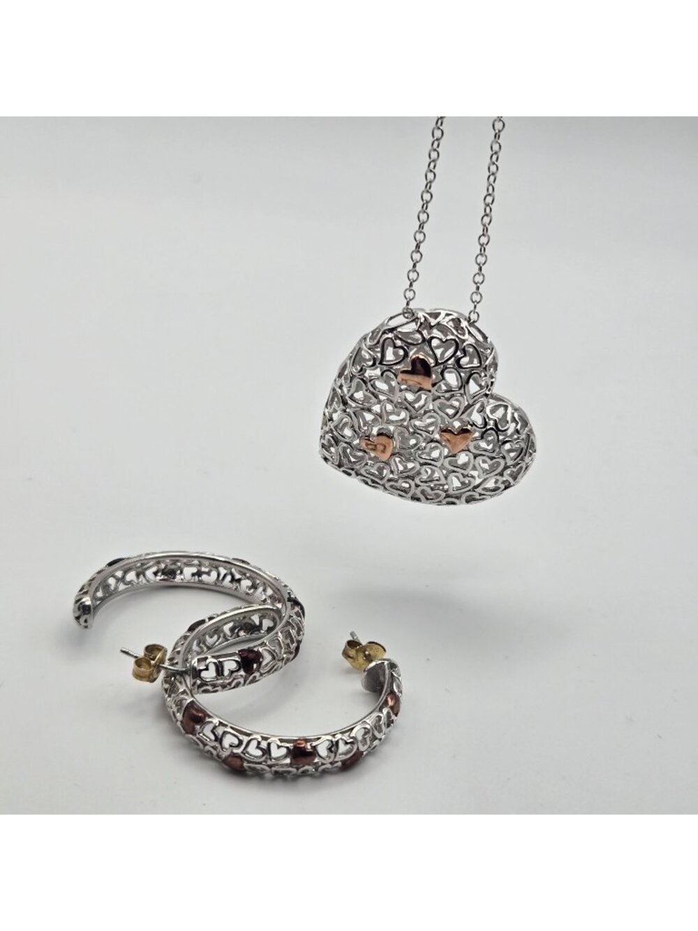 Heart Pendant Necklace Hoop Earrings Set Rose Gold Tone Sterling Silver 925